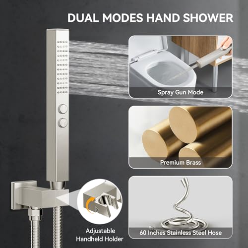 Shower System with Body Jets, Bostingner Four Modes Shower Faucet Sets with Handheld Spray 2 Ways, 4Pcs Shower Body Jets in Wall,10"+6" Rain Shower Head,Brushed Nickel Shower Sets Complete - color: Brushed Nickel, size: 6+10 inch