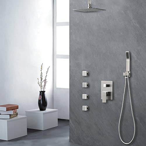 Shower Body Spray Jets, Brushed Nickel Brass Square Shower Body Sprayer Spa Massage Showerhead Wall Mount Nozzles NPT 1/2”-4PCS (Brushed Nickel) - color: Square-Brushed Nickel, style: 4pcs