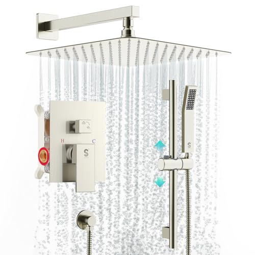 SR SUN RISE 10 Inch Square Shower System with Slide Bar,Brushed Nickel | Rain Head and Handle System,16" Adjustable Shower Slide Bar,Soild Brass,Wall Mount,Included Valve and Trim Kit - color: Brushed Nickel, size: 10 Inch