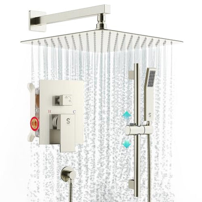 SR SUN RISE 10 Inch Square Shower System with Slide Bar,Brushed Nickel | Rain Head and Handle System,16" Adjustable Shower Slide Bar,Soild Brass,Wall Mount,Included Valve and Trim Kit - color: Brushed Nickel, size: 10 Inch