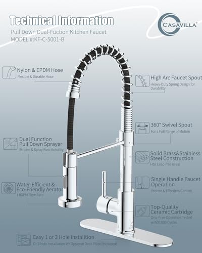 Kitchen Faucet,Chrome Kitchen Faucet with Soap Dispenser and Deck Plate,Faucet for Camper Farmhouse RV Kitchen Sink,Single Handle Stainless Steel Kitchen Sink Faucets with Pull Down Sprayer - color: E-Chrome Polished, style: Contemporary