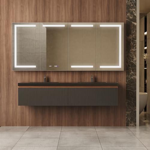 84" W Smart Lighted Medicine Cabinet with Mirror for Bathroom, Recessed/Surface Mount Medicine Cabinet with Anti-Fog, 1800W Charging Station, USB Ports, 3 Color Lights