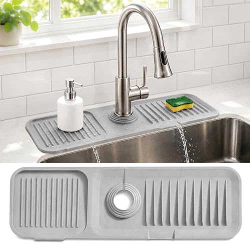 Faucet Mat for Kitchen Sink, Silicone Splash Guard, 17.7x5.5 in, Light Gray | 5° Fast-Draining Slope, Trimmable 1.5–2.6 in Center Hole