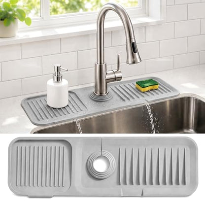 Faucet Mat for Kitchen Sink, Silicone Splash Guard, 17.7x5.5 in, Light Gray | 5° Fast-Draining Slope, Trimmable 1.5–2.6 in Center Hole