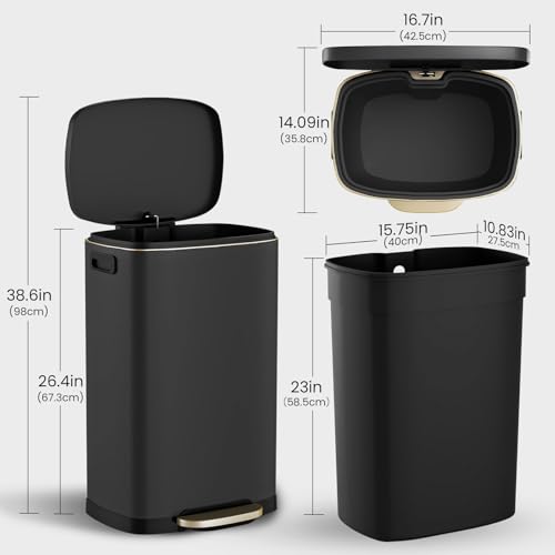 ELPHECO Kitchen Trash Can with Lid 13 Gal Stainless Steel Pedal Garbage Can | Soft Close Lid Pedal Heavy-Duty Fingerprint Proof Step Wastebasket with 20 Bags Removable Bucket, Home Office, Matte Black - color: Matte Black