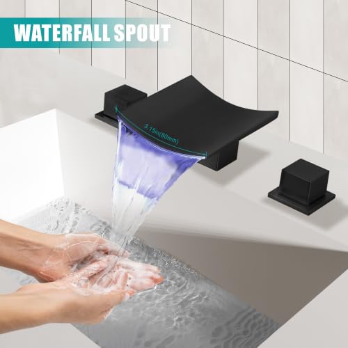 SKOWLL Bathroom Sink Faucet 3 Hole Black, Large Waterfall Spout with LED, Widespread Bathroom Faucets 3 Hole, Unique Look - color: Matte Black