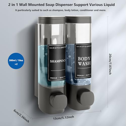 Shampoo and Conditioner Dispenser, 2 Chamber 300ml, Wall Mounted, Gray | Shower Soap Dispenser, Refillable Hand Soap Dispensers, Body Wash Dispenser for Bathroom, Kitchen, Hotel, Home - color: Gray, size: 2 Chamber