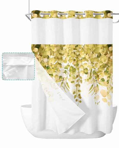 No Hook Shower Curtain and Snap in Liner Set, Yellow Eucalyptus Fabric Bathroom Stall Shower Curtains 48x72, See Through Mesh Top Window, Spring Summer Botanical Floral Leaves Country Hotel Style - color: Yellow, size: 48"W x 72"L (Pack of 1)