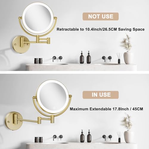 8 Inches Brass Lighted Makeup Mirror Wall Mounted with Magnification 1X/10x | Double Sided 3 Color LED Touch Dimming, 360 Swivel Extended Arm Shaving Vanity for Bathroom, Hardwired, Satin Brushed Gold - color: Satin Brushed Gold