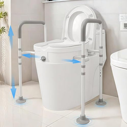 Toilet Seat Risers For Seniors 4-Legged Adjustable Raised Toilet Seat With Handles Thickened Aluminum Alloy Frame Toilet Riser Withhandles For Seniors for Elderly Disabled Medical (Grey & White).