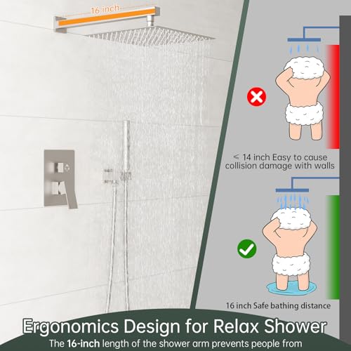 Hoimpro 12'' Shower Head Shower Faucet Set Handheld Sprayer Brushed Nickel | Stainless Steel Rain Shower Head, Rainfall Shower System Fixture Combo, Square, High Pressure Vlave Trim Kit, Wall Mounted - color: Nickel