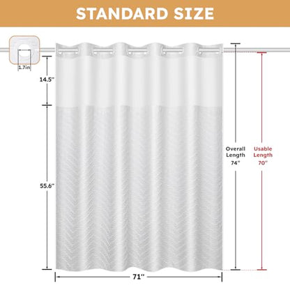 FADOTY White No Hook Shower Curtain Set with Snap in Liner, 71'' x 74'' | Bathroom Hotel Fabric Curtain, Waterproof Washable Liner, See Through Top Window, Ringless Chevron Tufted Cloth Curtain - color: White, size: 71"W x 74"L (Pack of 1)