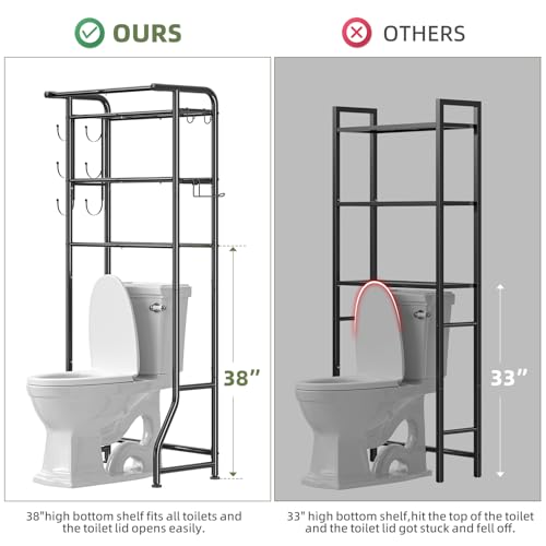 Simple Trending Over The Toilet Storage Cabinet, Metal Bathroom Shelf Organizer with Paper Holder and Hooks, 3 Tier, Black - color: Black With Towel Rack
