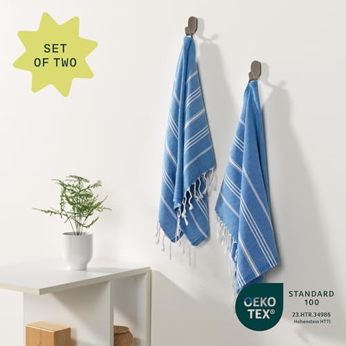 WETCAT Turkish Hand Towels with Hanging Loop, Set of 2 (20" x 30") 100% Turkish Cotton, Pre-Washed, Quick Drying, for Kitchen or Bathroom - Blue - color: Blue