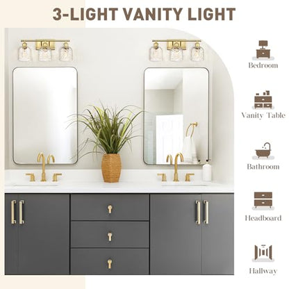 zeyu 21 Inch Bathroom Wall Sconce, 3 Light Sconces Wall Lighting Over Mirror, Brushed Gold Finish with Clear Hammered Glass, ZJF63B-3W BG - color: Brushed Gold|Hammered Glass, size: 3-Light
