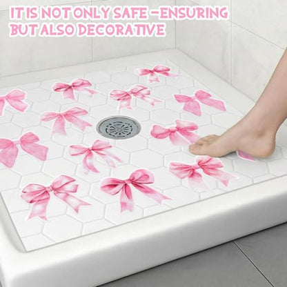 30 Pcs Pink Bow Non Slip Bathtub Stickers Cute Bow Anti Slip Shower Stickers with Scraper Pink Bathroom Accessories Coquettish Preppy Girly Women Decor for Bathroom Bathtub