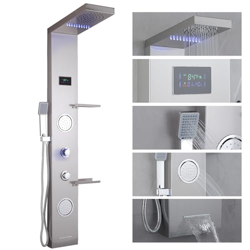 LED Shower Panels Tower System, LCD Temperature Display with Shelf, 304 Stainless Steel System with Rainfall Shower Head with Handheld Massage Body Jets Waterfall Bathtub, Brushed Nickel - color: Brushed Nickel