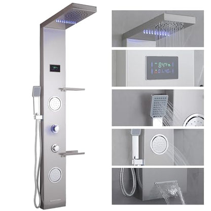 LED Shower Panels Tower System, LCD Temperature Display with Shelf, 304 Stainless Steel System with Rainfall Shower Head with Handheld Massage Body Jets Waterfall Bathtub, Brushed Nickel - color: Brushed Nickel