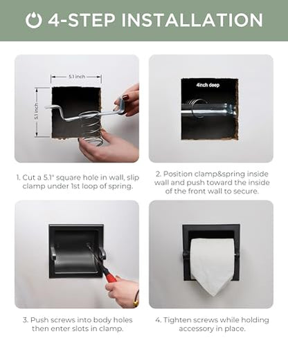 FORIOUS Recessed Toilet Paper Holder, Wall Mount Bathroom Tissue Holder | Matte Black | in Wall Toilet Paper Dispenser Insert | SUS304 Stainless Steel Rustproof | Bathroom Space Saving Design - color: Matte Black