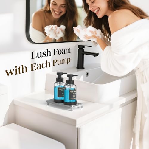 Luxspire 15oz Glass Foaming Soap Dispenser Set, Clear + Dark Gray, 2 Pack | Anti-drip pump, wide mouth easy refill, non-slip silicone base, 7 waterproof labels, refillable glass for hand dish soap - color: Transparent