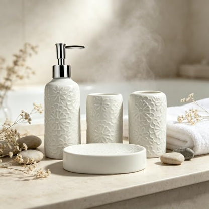 4 Piece White Ceramic Bathroom Accessories Set, 3D Embossed Floral Bath Decor Set with Soap Dispenser, Toothbrush Holder, Tumbler and Soap Dish, Elegant Countertop Organizer for Bathroom