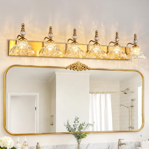 Vintage Bathroom Vanity Light, 6-Light Brass Vanity Lighting Fixture with Flower Glass Shade, Bathroom Lighting Fixtures Over Mirror - color: B-Brass, size: 6-light