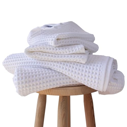 PÜSKÜL Natural 100% Turkish Cotton Waffle Towels Set for Bathroom (4-Piece) | 2-Bath sheet (Extra-large 32x63") and 2-Hand towel (Large 32x16"). Premium honeycomb-waffle weave, oeko-tex made in Turkiye. - color: White