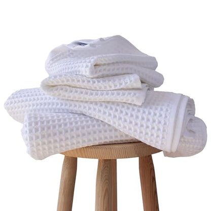 PÜSKÜL Natural 100% Turkish Cotton Waffle Towels Set for Bathroom (4-Piece) | 2-Bath sheet (Extra-large 32x63") and 2-Hand towel (Large 32x16"). Premium honeycomb-waffle weave, oeko-tex made in Turkiye. - color: White