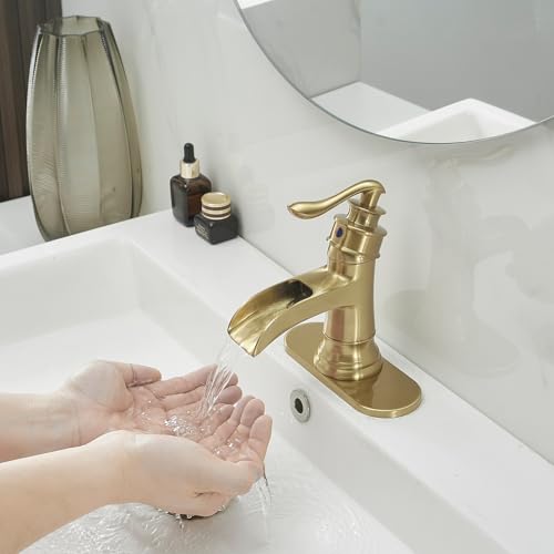 BWE Solid Brass Brushed Gold Waterfall Bathroom Faucet for Modern & Classic | Wide Waterfall Spout, Ceramic Cartridge, Fits 1 or 3-Hole Sink, Single Handle, Hardware Kit Included, Not for Vessel Sink - color: Brass Gold