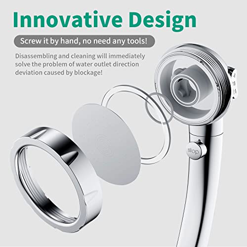 High Pressure Shower Head with Handheld, Chrome | On Off Shower for RV with Stop Button and 3 Modes, Detachable Water Saving Shower Head with Hose and Self-Adhesive Bracket - color: Chrome
