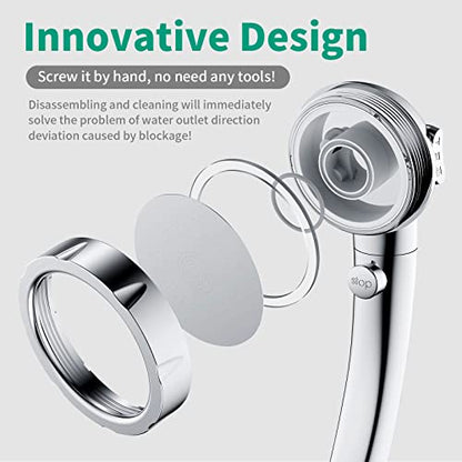 High Pressure Shower Head with Handheld, Chrome | On Off Shower for RV with Stop Button and 3 Modes, Detachable Water Saving Shower Head with Hose and Self-Adhesive Bracket - color: Chrome