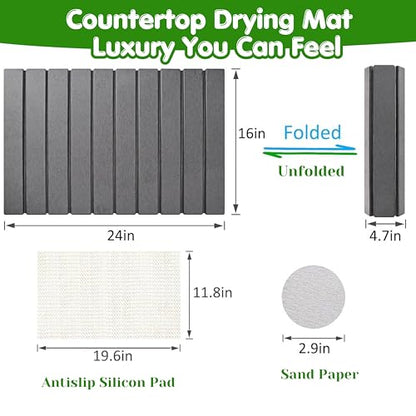 Stone Dish Drying Mat for Kitchen Counter 24x16 Grey, Quick Dry Stone Mat Kitchen, Large Stone Drying Mat for Dishes, Cups & Sink Counter, Drying Stone for Kitchen Counter