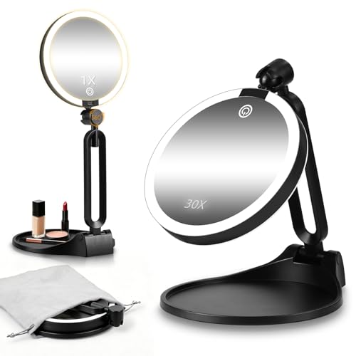 Travel Makeup Mirror with Lights,6" Portable Lighted Vanity Mirrors for Desk/Travel,1X+30X Double Sided Dimming LED Mirror with Adjustable Foldable Stand,Strong Magnifying for Eyelashes - color: Black-1x/30x