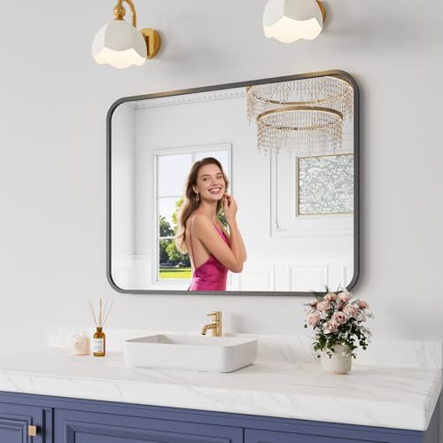 Koonmi Bathroom Mirror, 28X32 Inch Black Metal Framed Mirror for Bathroom, Tempered Glass, Anti-Rust, Rounded Rectangle Mirror for Restroom, Bedroom, Black - color: Rounded Edged, size: 32"L x 28"W