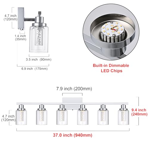 MELUCEE 6-Light LED Bathroom Vanity Light Chrome 5 Color Temperature | Dimmable Modern Vanity Lights Bathroom Light Bar Wall Sconce with Crystal Bubble Clear Glass Shade, Built-In LED Chips - color: Chrome, size: LED-6 Lights