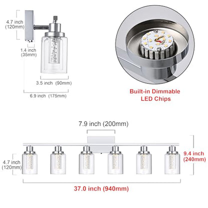 MELUCEE 6-Light LED Bathroom Vanity Light Chrome 5 Color Temperature | Dimmable Modern Vanity Lights Bathroom Light Bar Wall Sconce with Crystal Bubble Clear Glass Shade, Built-In LED Chips - color: Chrome, size: LED-6 Lights