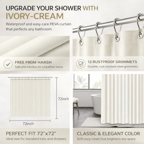 EHZNZIE Cream Shower Curtain Liner 72x72, PEVA Waterproof Bath Curtain, No Chemical Smell, 3 Weighted Magnets, Durable with Rustproof Metal Grommets - color: Cream, size: 72"W x 72"L (Pack of 1)