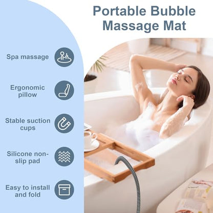 Bubble Bath Massager Mat with 6-Level Adjustment & Remote Control | Upgraded anti-slip suction cup，Inflatable pillow，Portable storage，Relieve muscle soreness and fatigue - color: White
