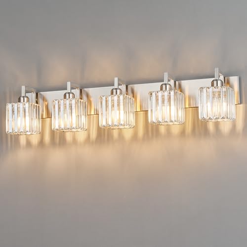 Modern Bathroom Vanity Light 5-Lights Brushed Nickel Vanity Light Crystal Wall Light Bathroom Light Fixtures - color: Nickel Crooked, size: 5-light