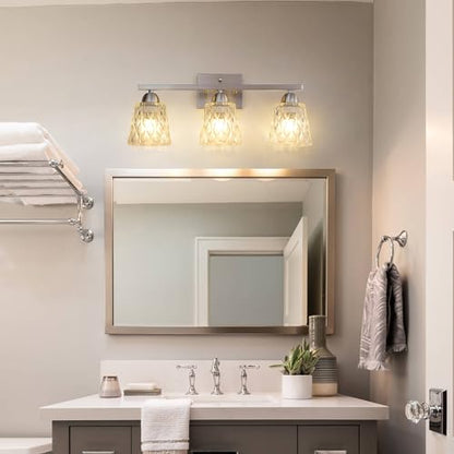 Mecgirn Stainless Steel Bathroom Vanity Light Over Mirror, 3 Light Brushed Nickel Bathroom Light Fixtures with Textured Glass Shades, Modern Vanity Lighting Wall Mount - color: Brushed Nickel, size: 3 Light