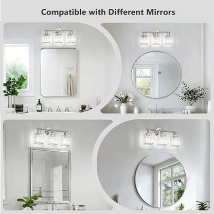 3 Light Bathroom Light Fixtures, Modern Crystal Vanity Lights over Mirror | Metal Frame, Bathroom Light with Square Crystal Shade, ETL Certified, E26 Ceramic Socket, Bulbs Not Included - color: Brushed Nickel, size: 3-Light
