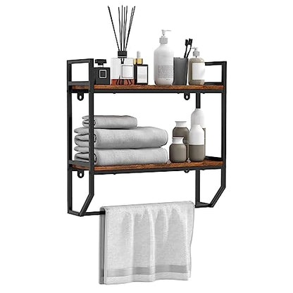 GOFLAME 2-Tier Industrial Bathroom Shelves with Towel Bar, Over the Toilet Shelf Wall Mounted with Metal Frame, Wall Storage Organizer Shelf for Bathroom, Living Room, Kitchen, Rustic Brown