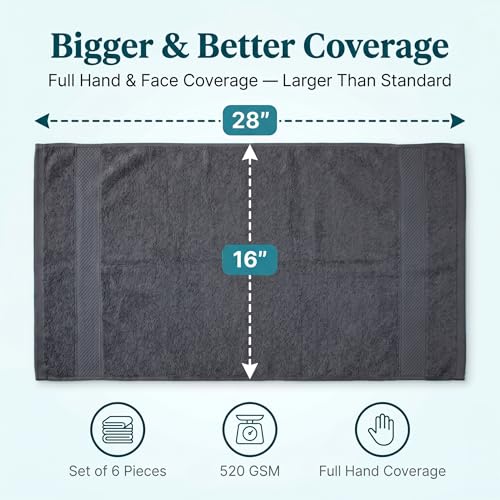 Sofea Hand Towels 6 Pack (16 x 28 Inches) 100% Cotton Bathroom Towels, Soft Absorbent Quick Dry Hand Towels for Bathroom Kitchen - color: Dark Grey