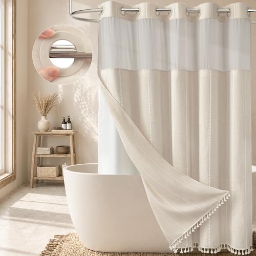Cream Ringless Boho Stripe Tassel Shower Curtain with Snap Liner 72x75 | Heavy Duty Linen Blend, 3 in 1 Shower Curtain Set, Farmhouse Style, Waterproof & Washable, Mesh Top Window, Easy to Install - color: A - Cream, size: 72"W x 75"L (Pack of 1)