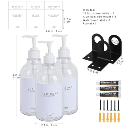 Shampoo and Conditioner Dispenser for Shower Wall 3 Chamber,Refillable Shampoo and Conditioner Bottles with Waterproof Labels,Soap Dispenser with Pumps - color: 3 Bottles 3 Wall Mounts-clear