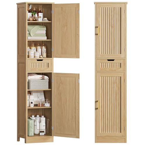 Iwell Tall Narrow Storage Cabinet with 1 Drawer and 2 Doors, Fluted Cabinet with Adjustable Shelves, Rattan Kitchen Cabinet for Bathroom, Living Room, Kitchen, Natural Oak - color: Fluted Natural
