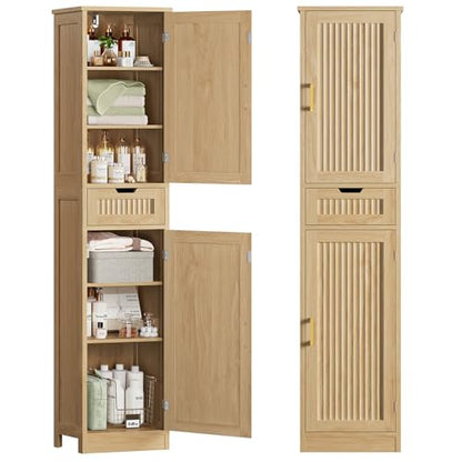 Iwell Tall Narrow Storage Cabinet with 1 Drawer and 2 Doors, Fluted Cabinet with Adjustable Shelves, Rattan Kitchen Cabinet for Bathroom, Living Room, Kitchen, Natural Oak - color: Fluted Natural