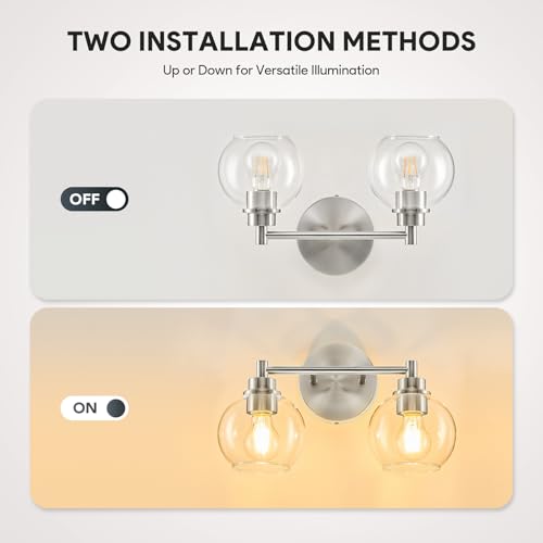 VONLUCE 2 Light Bathroom Vanity Light Fixtures, Brushed Nickel Finish | Globe Glass Shades, E26 Sockets, Easy to install, ETL Certificated, Vanity Lights for Bedroom Hallway Living Room - color: Nickel, size: 2-Light