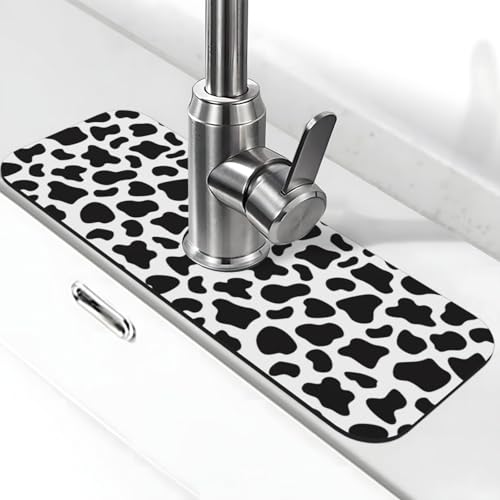 Cow Dalmatian Skin Print Black And White Kitchen Sink Splash Guard Faucet Mat Super Absorbent Fast Drying Mat Sink Gadgets-Fast Drying Pad Sink Mat For Kitchen Bathroom (15" X 5.5" ) - color: Cow Black And White