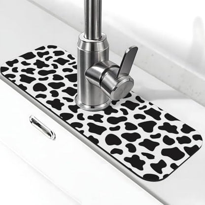 Cow Dalmatian Skin Print Black And White Kitchen Sink Splash Guard Faucet Mat Super Absorbent Fast Drying Mat Sink Gadgets-Fast Drying Pad Sink Mat For Kitchen Bathroom (15" X 5.5" ) - color: Cow Black And White